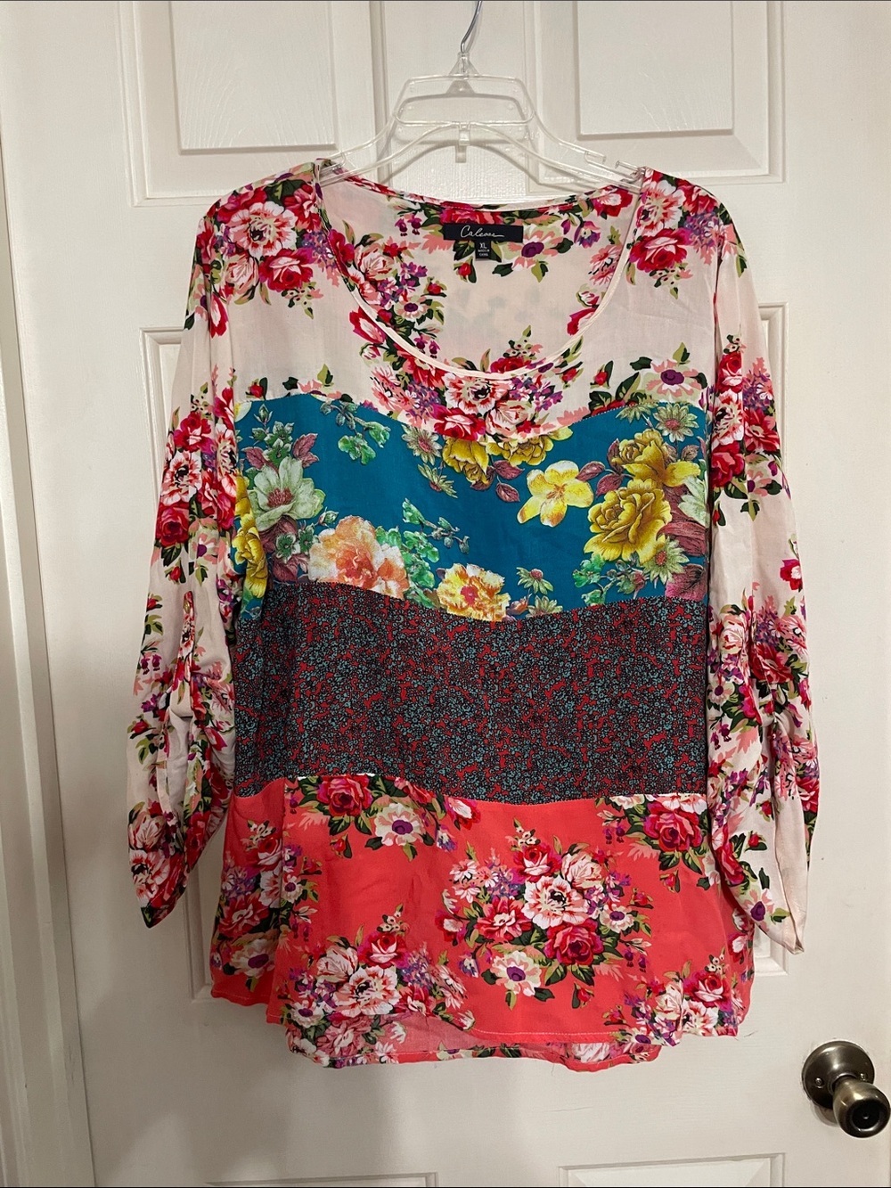 CALE Floral Patchwork Long-Sleeve Top - Pink, Teal, Coral